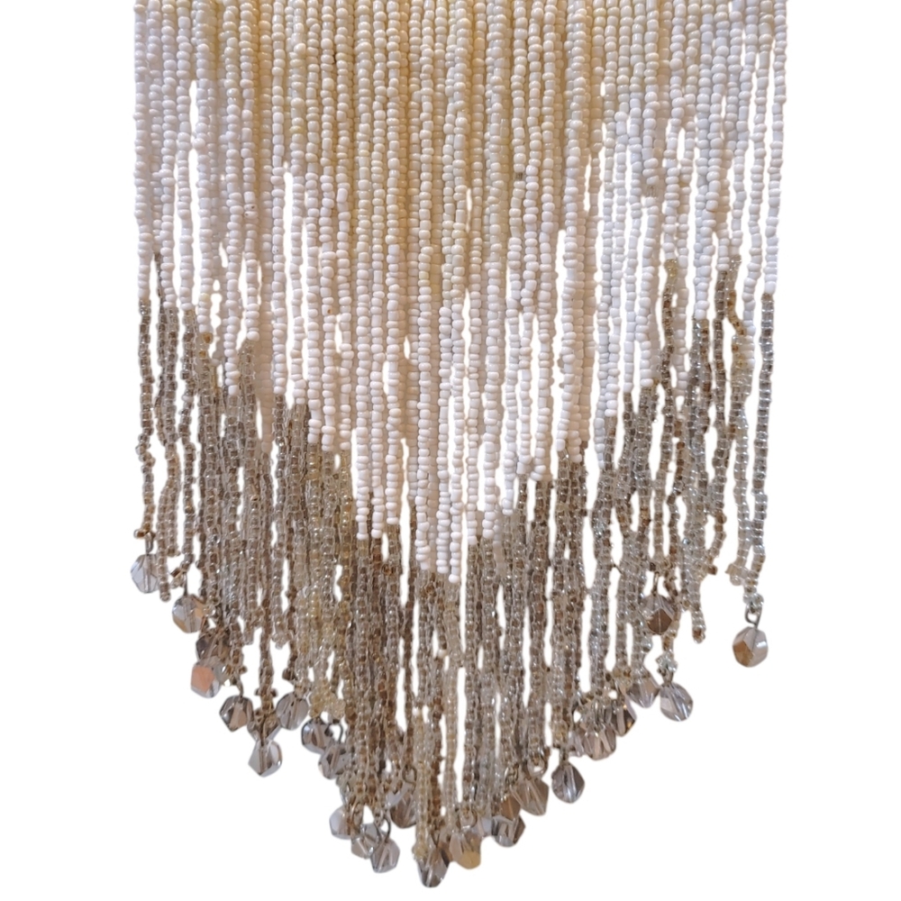 Chico's Beaded Fringe Beige Gold Large Bib Statement Necklace Fashion Jewelry - Picture 5 of 7